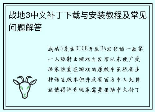 战地3中文补丁下载与安装教程及常见问题解答