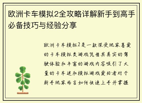 欧洲卡车模拟2全攻略详解新手到高手必备技巧与经验分享